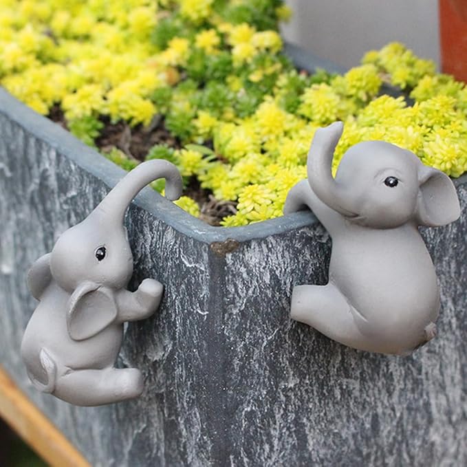 Set of 2 Climbing Elephant Figure Plant Pot Hanger, Turtle Flower Pot Hugger, Resin Tortoise Statue, Funny Pot Huggers for Planters, Cute Flower Pot Hugger, Garden Fence Balcony Patio Yard (ELEPHANT)