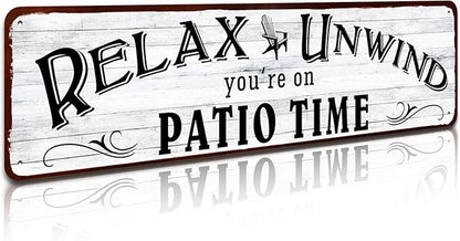 Patio Wall Decor Backyard Patio Signs And Decor Outdoor 4" by 16" Tin Sign For Home, Bar, Porch - Relax Unwind You're On Patio Time