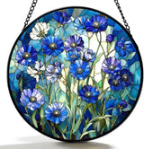 Stained Glass Window Hanging - Blue Floral Pattern 7.8 Inches Suncatcher for Garden Home Decor for Women Mon Grandma Friends