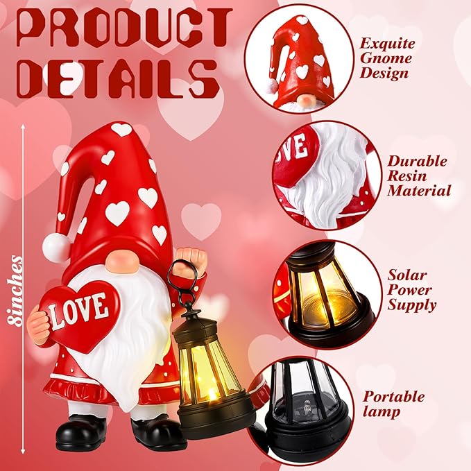 Retisee Solar Valentine's Day Garden Statue Resin Gnome Statue with Hearts LED Lights Outdoor Love Solar Light Figurine Decoration for Yard Patio Lawn Gift for Valentine's Day Anniversary