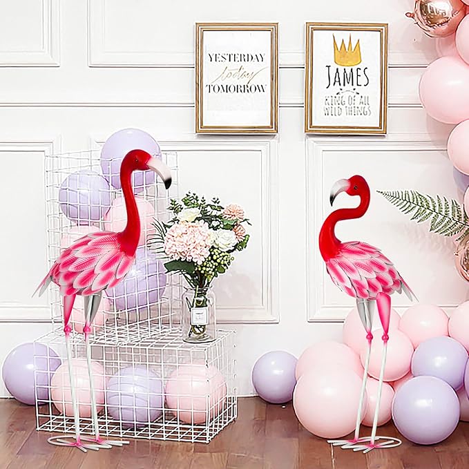 Set of 2 Metal Flamingo Garden Statues, Yard Flamingo Outdoor Decor for Lawn Patio Garden Backyard Display (Pink)