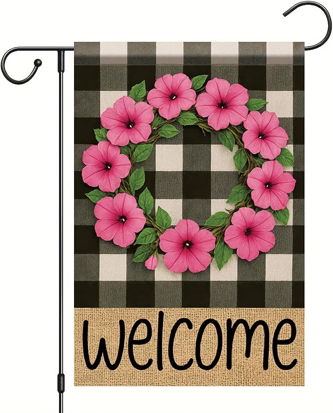 Buffalo Plaid Welcome Wreath Garden Flag Pink Petunia Flower Flag 12×18 Inch Double Sided Spring Outdoor Decor Welcome for Porch Patio Lawn Yard Farmhouse Seasonal Outside