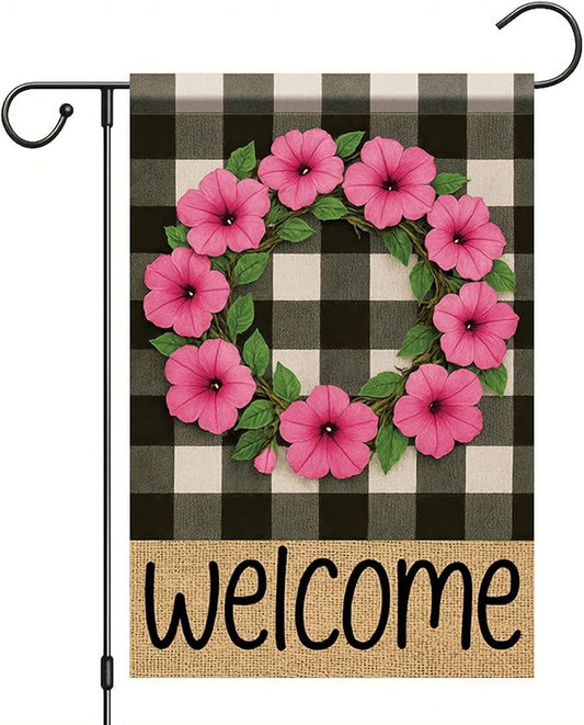 Buffalo Plaid Welcome Wreath Garden Flag Pink Petunia Flower Flag 12×18 Inch Double Sided Spring Outdoor Decor Welcome for Porch Patio Lawn Yard Farmhouse Seasonal Outside