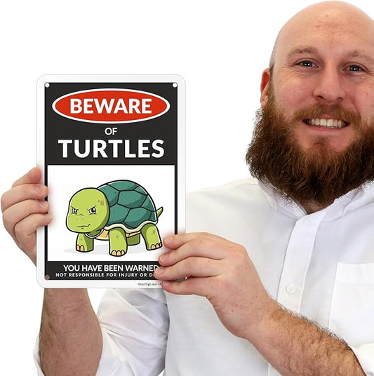 SmartSign Funny Beware Of Turtles Warning Sign - 10"x7", 40 mil Laminated Rust-free Aluminum - Metal Signs for Tank Accessories Decor, Outdoors, Patio, Man Cave, Gifts - Turtles Theme, Made in USA