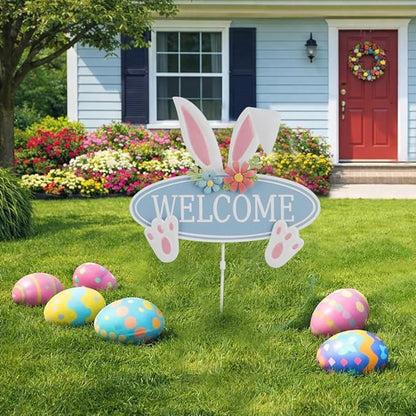 Easter Decorations Outdoor Metal Welcome Bunny Decorative Garden Stakes Easter Decor Outdoor 3D Spring Yard Decor Farmhouse Rabbit for Home Outside Lawn Front Porch Happy Easter Yard Sign