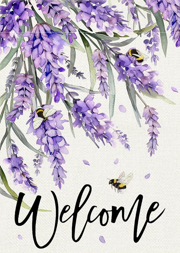 Welcome Spring Lavender Decorative Garden Flag, Purple Floral Flowers Bee Yard Outside Decorations, Summer Farmhouse Outdoor Small Home Decor Double Sided 12 x 18