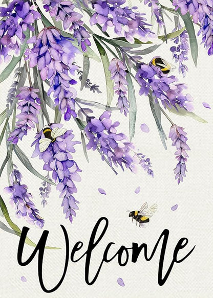 Welcome Spring Lavender Decorative Garden Flag, Purple Floral Flowers Bee Yard Outside Decorations, Summer Farmhouse Outdoor Small Home Decor Double Sided 12 x 18