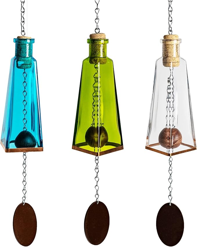 Blue Ridge Mountain Gifts Pyramid Bottle Wind Chime for Garden & Porch Decor w/Cooper Accent, Stained Wooden Ball, & Colorful Glass Bottles - Ideal for Wind Chime Lovers (Aqua Blue, Lime, Clear)