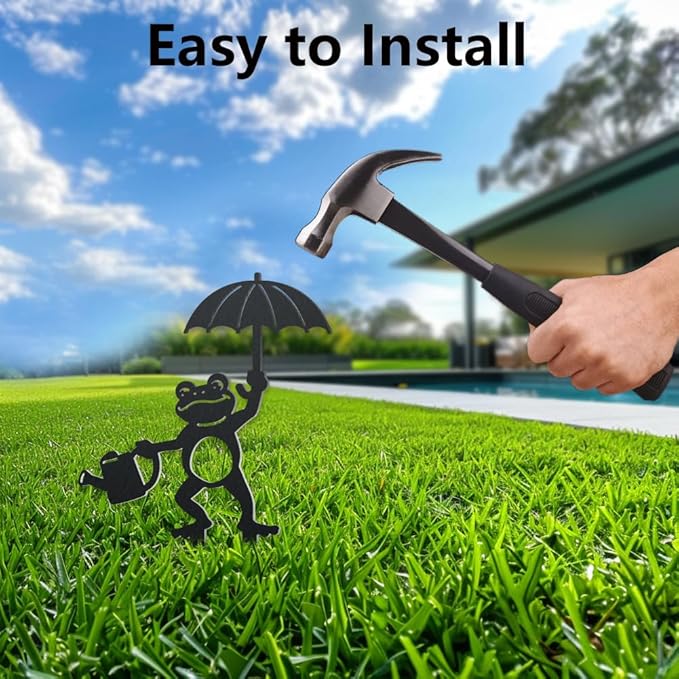 WADORN Watering Frog with Umbrella Decorative Silhouette Garden Stakes, Metal Frog Animals Stakes Statues Ornaments Lovers Gifts Yard Art Black Silhouette Yard Outside Decor, 10.2x14.2 Inch