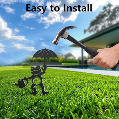 WADORN Watering Frog with Umbrella Decorative Silhouette Garden Stakes, Metal Frog Animals Stakes Statues Ornaments Lovers Gifts Yard Art Black Silhouette Yard Outside Decor, 10.2x14.2 Inch