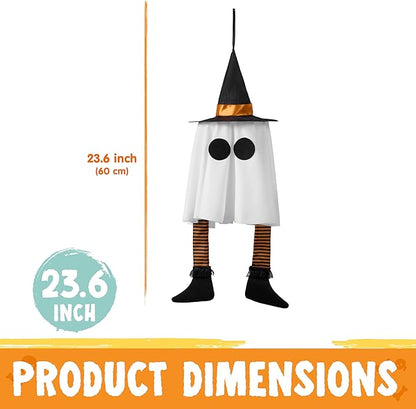JOYIN 23.6'' 3PCS Halloween Hanging Ghosts Decorations Outdoor, Warm Light Up Ghosts Tree Decor with Witch Hat & Timer, Glowing Halloween Decorations for Yard Patio Garden Outside Haunted House Party