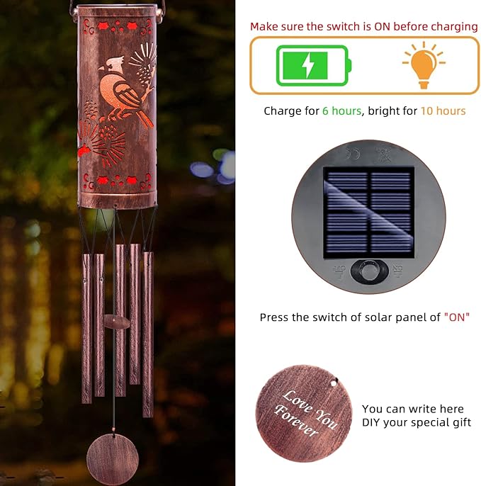 FSVGYY Solar Wind Chimes Hanging Lights Outdoor Metal Wind Chimes Memorial Wind Chime for Garden/Patio Decor Gifts for Women,Grandma,Mom (30" Metal Chimes/Red Bird)