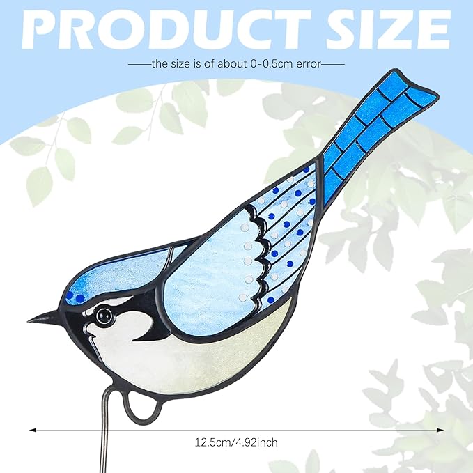 Geelin 1 Pc Stained Glass Blue Bird Suncatcher Flower Pot Decoration Metal Plant Pot Hangers Colorful Garden Yard Suncatcher Decor for Spring Home Indoor Outdoor Decor(Blue)