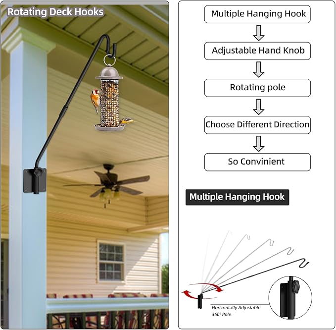 Deck Hook Wall Mounted - Heavy Duty Metal Shepherds Hook Bracket for Outdoor Plant Hanger, Bird Feeder Hanger, Plant Hooks, Flower Baskets, Lanterns - 360° Rotating Pole, Extended Arm