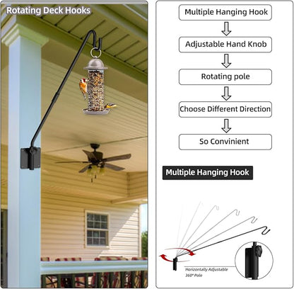 Deck Hook Wall Mounted - Heavy Duty Metal Shepherds Hook Bracket for Outdoor Plant Hanger, Bird Feeder Hanger, Plant Hooks, Flower Baskets, Lanterns - 360° Rotating Pole, Extended Arm
