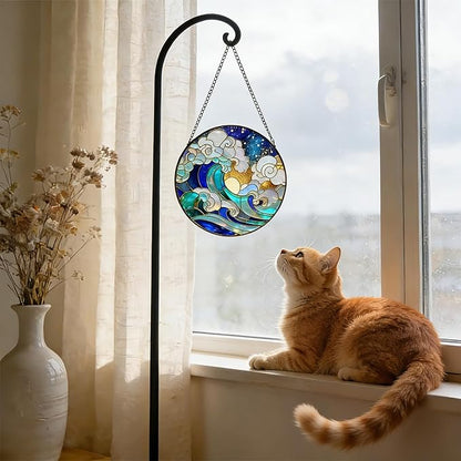 Stained Glass Window Hanging – Colorful Waves and Clouds Design Sun Catcher Glass Panel, Blue & Gold Suncatcher Decor for Birthday, Women, Men, Wife, Aunt, and Mom – 7.8 inches