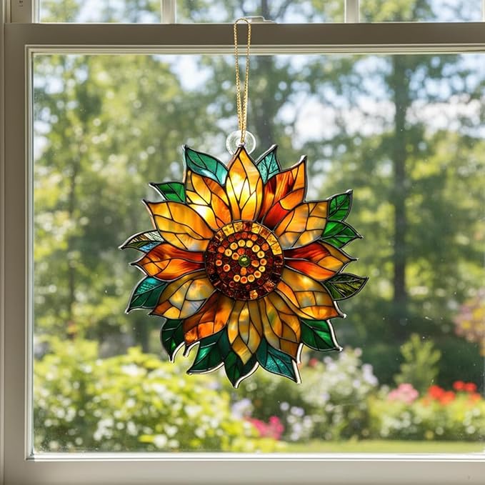 Stained Glass Window Hanging Suncatcher – Paint Golden Sunflower Acrylic Suncatcher Stained Glass Ornament Indoor Outdoor Decor Garden Sun Catcher Panel for Sunflower Lover for Women Mom Grandma