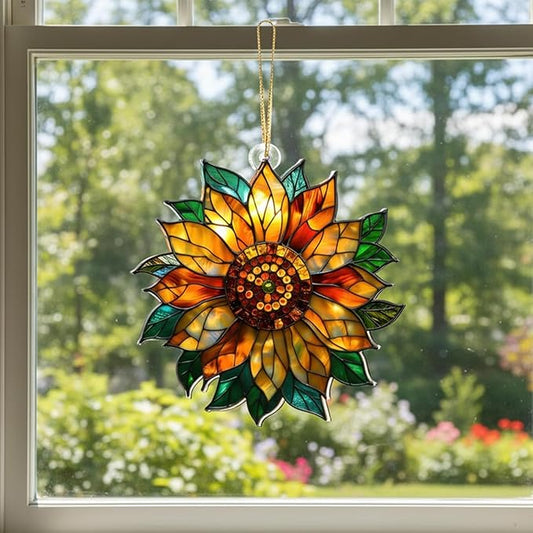 Stained Glass Window Hanging Suncatcher – Paint Golden Sunflower Acrylic Suncatcher Stained Glass Ornament Indoor Outdoor Decor Garden Sun Catcher Panel for Sunflower Lover for Women Mom Grandma