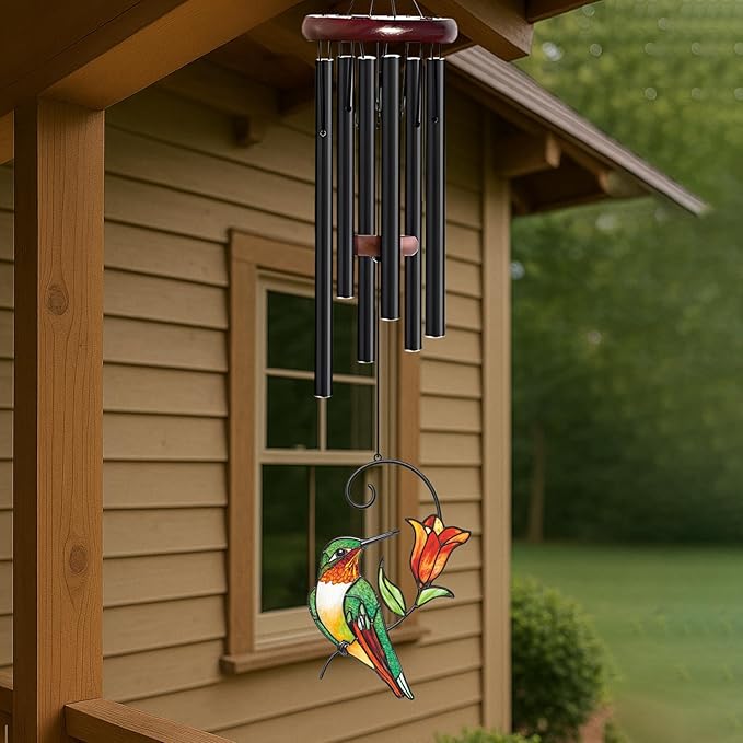 Personalized Metal Wind Chime Garden Sign, 40 Inch Outdoor Colorful Bird & Flower Memorial Decor, Yard Hanging Plaque for Patio Porch Lawn (JSTY366)