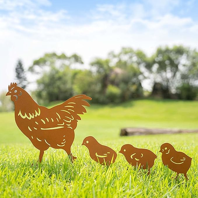 TT & MM Chicken Gifts for Women/Men,Chicken Metal Decorative 4 Pcs Garden Stakes,Hen/Chicks Silhouette Statues for Yard Art,Backyard,Patio,Lawn Ornaments,Outdoor Decor