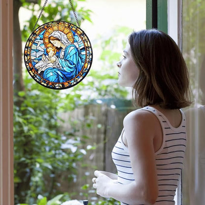 Virgin Mary and Baby Jesus Stained Glass Window Hanging, 8''/20CM Suncatchers for Windows Christian Decorative Hanging Ornaments Stained Glass for Chirstmas Suncatcher Window Panel Gift Home Decor