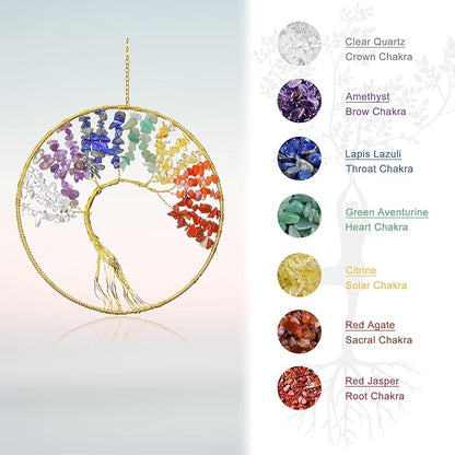 Yoption Tree of Life Agate Slice Wind Chime, Handmade 7 Chakra Healing Crystal Stone Wind Chime for Home Wall Garden Decorative Ornament, Unique Gift