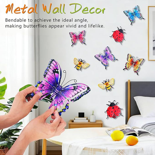 DEWEL 8 Pcs Metal Garden Decor for Outside, 3D Butterfly Ladybug Bee Outdoor Wall Decor, Outdoor Decor Wall Art, Colorful Hanging Decorations for Spring Garden Fence Patio Yard, Great Gift Choice