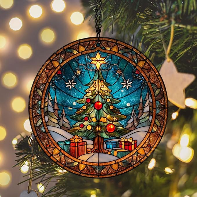 Christmas Tree Presents Acrylic Suncatcher Stained Glass Effect Window Car Hanging Christmas Ornament Indoor Outdoor Decor Garden Sun Catcher Panel for Women Mom Grandma