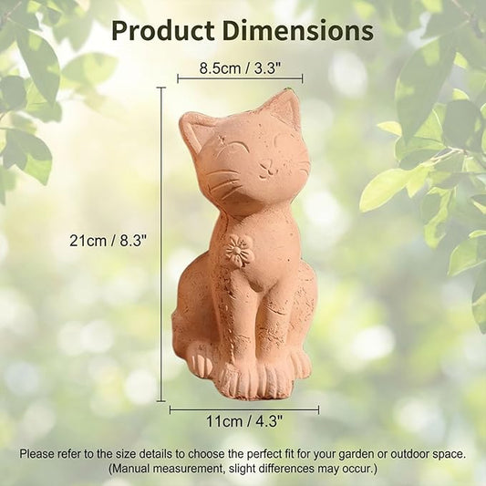 Handmade Terracotta Cat Garden Statue, Rustic Clay Cat Figurine for Outdoor Patio Balcony Yard Decor, Small Cat Sculpture Lawn Ornament Natural Garden Accent 8.3"×4.3"×3.3"