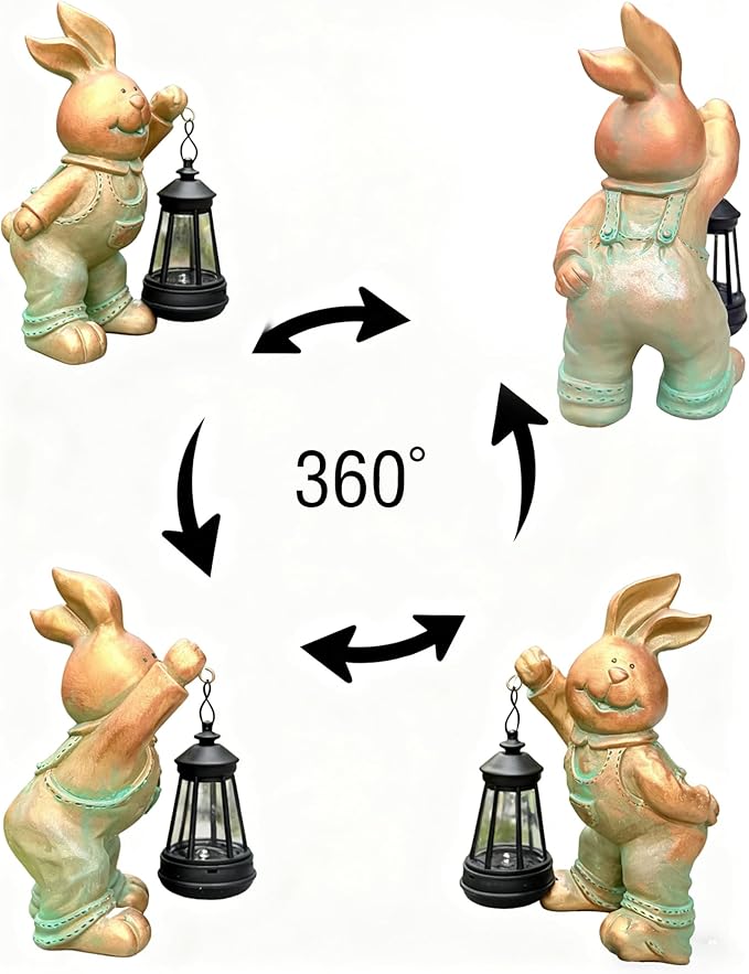 Solar Rabbit Garden Statue with LED Lantern - Outdoor Resin Animal Sculpture, Solar-Powered Waterproof Lawn Decor for Patio, Yard, Porch, Charming Easter Decor for Home & Garden (Bronze)