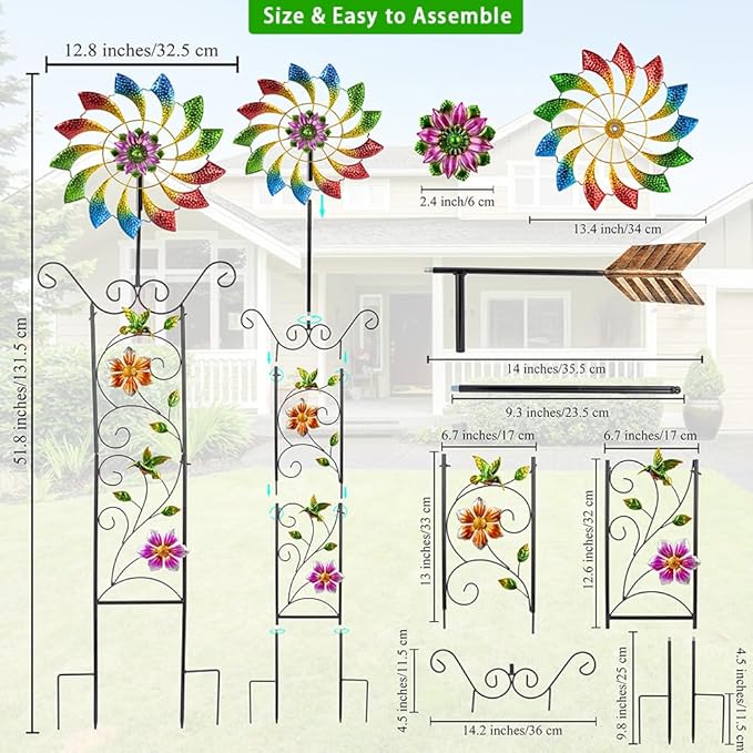 DREAMYSOUL Wind Spinner Outdoor, Colorful Wind Sculpture & Spinner, Weathervane with Decorative Trellis for Climbing Plants, Kinetic Wind Spinners for Yard