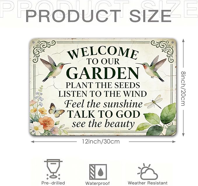 Garden Signs for Outside - Welcome To Our Garden, Funny Metal Signs for Home Garden Patio Yard, Vintage Gardening Gifts for Women, Hummingbird Decor 12" x 8"