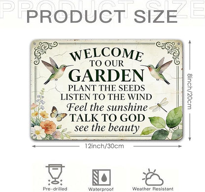 Garden Signs for Outside - Welcome To Our Garden, Funny Metal Signs for Home Garden Patio Yard, Vintage Gardening Gifts for Women, Hummingbird Decor 12" x 8"