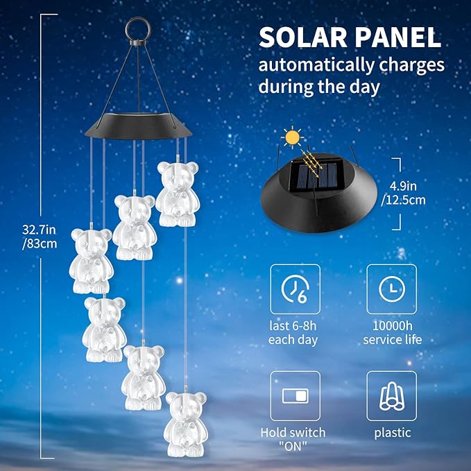 Solar Wind Chimes for Outside,32 Inch Waterproof Solar Powered Wind Chimes Bear Color Changing Outdoor Lights for Window Yard Garden Xmas Decor Mom Grandma Gift