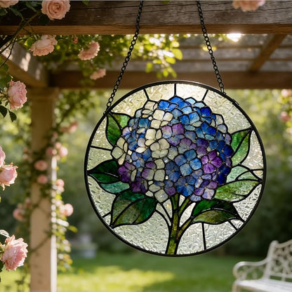 Blue White Hydrangea Flower Stained Glass Window Hanging, Cottagecore Hydrangea Floral Suncatcher Indoor Window Glass Round Wall Art Decor, 7.9x7.9 Inch
