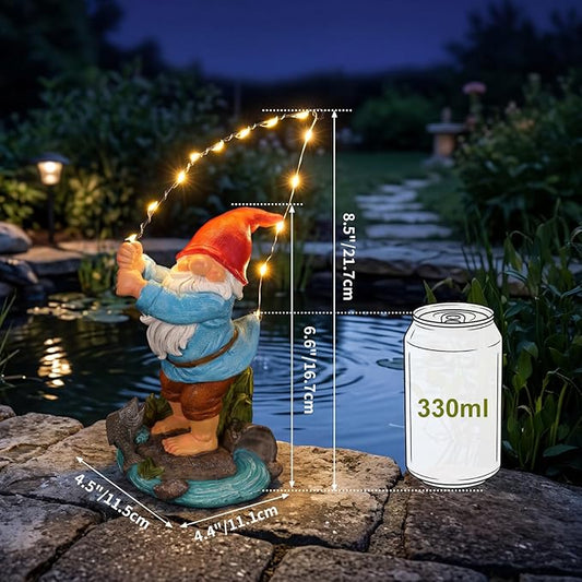 EXYGLO Solar Gnome Garden Decor Statue, 8.5" Fishing Gnome Outdoor Funny Decoration for Lawn, Patio, Yard, and Unique Housewarming, Birthday Ornament Gift for Mother, Friend, Family