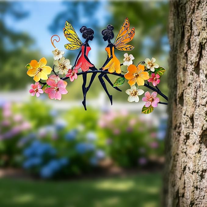 Colorful Metal Fairy Garden Stake - Fairies on Flowering Tree Branch Statue, Rustproof Outdoor Indoor Decor for Patio, Yard, Wall & Fence(Fairys2)
