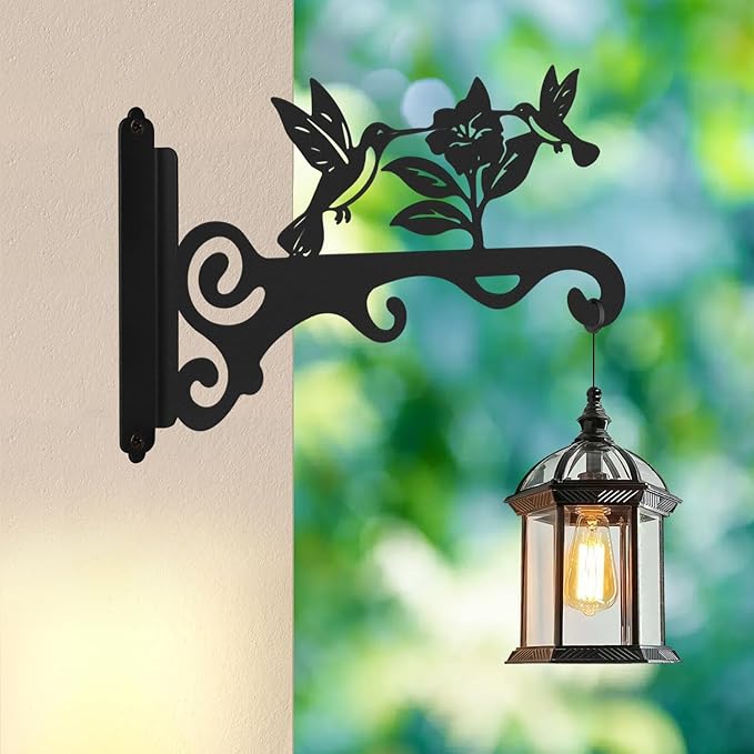 Elegant Bird Pattern Wall Hooks - 10/12/14 Inch Metal Plant Hangers for Indoor & Outdoor - Rust-Resistant Bracket for Plants, Feeders, Chimes, Lanterns (2, Black, 12 inch)