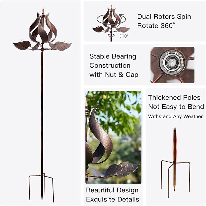Tulip Wind Spinners Outdoor - Large Metal Wind Sculptures & Spinners for Yard Garden, Kinetic Windmill Decor for Yard Lawn Patio (24" W x 75" H)