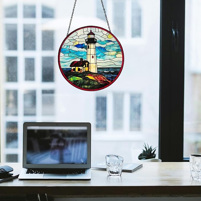 Ocean Lighthouse Stained Glass Window Hanging, 7.8" Hand-Painted Sun Catcher Glass Panel Wall Art Decor with Chain, Lighthouse Gifts for Women Mom Grandma, Outdoor Indoor Art Decor for Home Garden