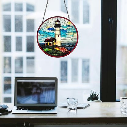 Ocean Lighthouse Stained Glass Window Hanging, 7.8" Hand-Painted Sun Catcher Glass Panel Wall Art Decor with Chain, Lighthouse Gifts for Women Mom Grandma, Outdoor Indoor Art Decor for Home Garden