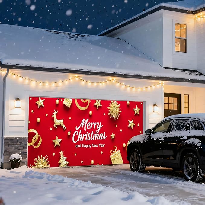 IVN Merry Christmas Happy New Year Garage Door Banner 13x6 ft Christmas Garage Door Wnter Scene Background Indoor Outdoor Red Gold Reindeer Tree Holiday Decorations for Home and Events Wall Backdrop Decor