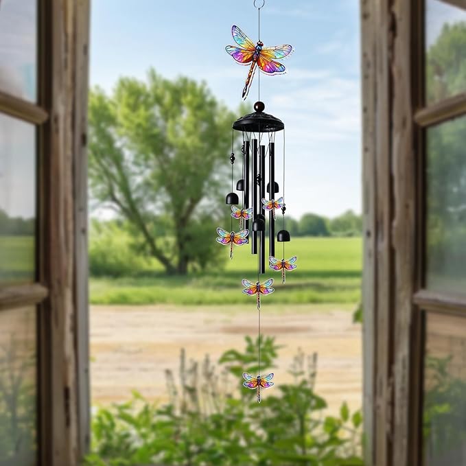 Dragonfly Wind Chimes for Outside, Black Metal Acrylic Windchimes Outdoors, Dragonflies Gifts for Women Men, Garden Yard Decor, Memorial/Birthday Gifts for Grandma Mom, Durable Chimes for Outdoors