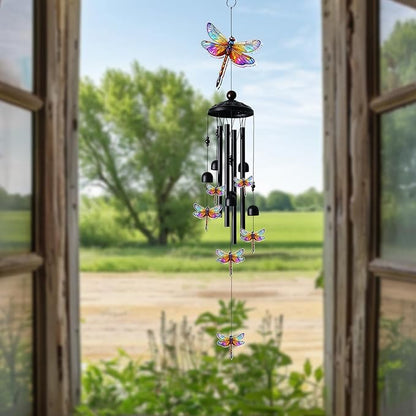 Dragonfly Wind Chimes for Outside, Black Metal Acrylic Windchimes Outdoors, Dragonflies Gifts for Women Men, Garden Yard Decor, Memorial/Birthday Gifts for Grandma Mom, Durable Chimes for Outdoors