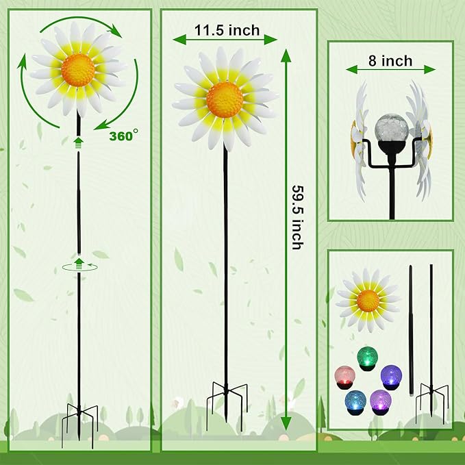 Decorative Metal Garden Daisy Wind Spinner, Decorative Garden Stakes, Daisy Wind sulpture for Yard Patio. Outdoor Yard Art. (White)