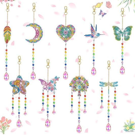 Thyle 9 Pcs Diamonds Painting Suncatcher Kit Wind Chimes DIY Diamond Kits Diamond Art Sun Catchers for Adults DIY Crafts Garden Home Decor Crystal Hanging Ornaments, 9 Styles