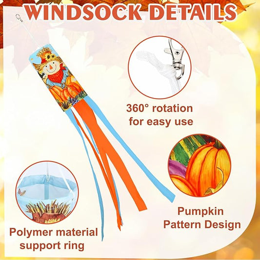 NOVWANG 2 Pcs Fall Windsocks, Scarecrows Pumpkins Wind Socks Autumn Windsocks Thanksgiving Outdoor Hanging Scarecrow Decorations for Home Farmhouse Garden Yard Decor