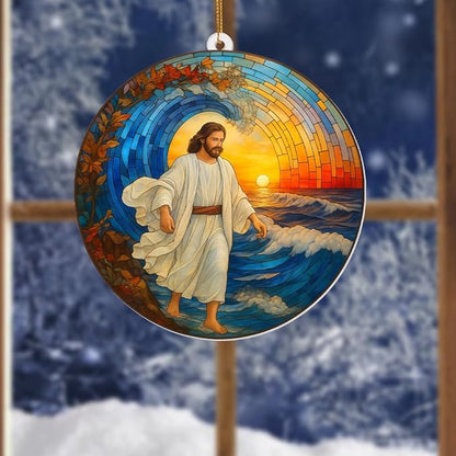 Stained Glass Jesus Walking on Water Christmas Tree Ornament – Acrylic Sun Catcher Window Hanging, Christian Religious Decor, Inspirational Gift for Men & Women, Car Rearview Mirror Charm(Sun-30)