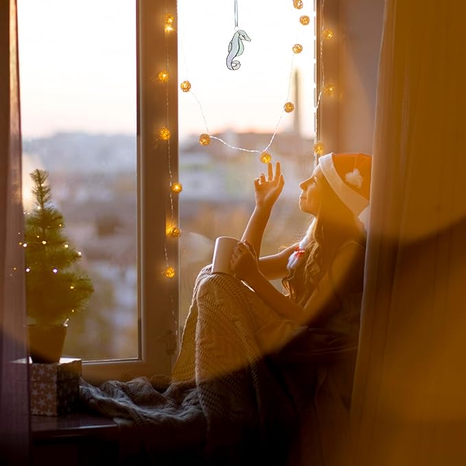 Stained Glass Ornament Seahorse Decor 3.5" x 1.5" Iridescent Suncatcher for Window Hangings Sea Glass Ocean Animal Tiffany Figurines Sun Catcher Garden - Beach Themed Office Home Decor
