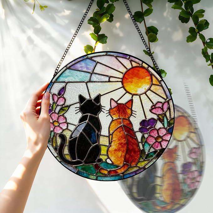 Stained Glass Window Hanging, 8 Inch Black Orange Cat Suncatcher, Sun Catchers Indoor Window, Pet Suncatchers for Windows Hanging, Spring Home Garden Decor Panel, Cat Lover Memorial Gifts for Mom